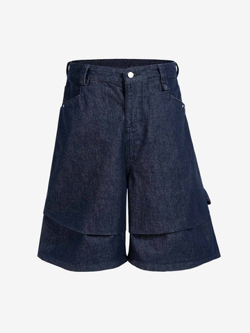 Pleated Panel Patchwork Denim Shorts 