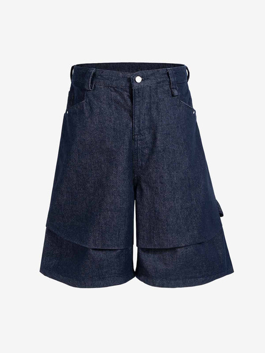 Pleated Panel Patchwork Denim Shorts 
