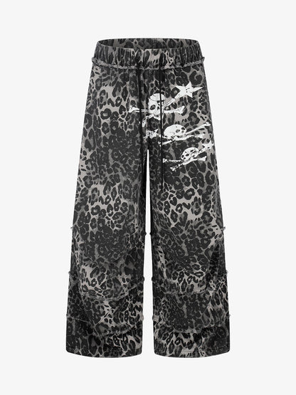 Cropped-Hose mit Leopardenmuster – Weites Bein, Baumwollmischung mit offenem Saum