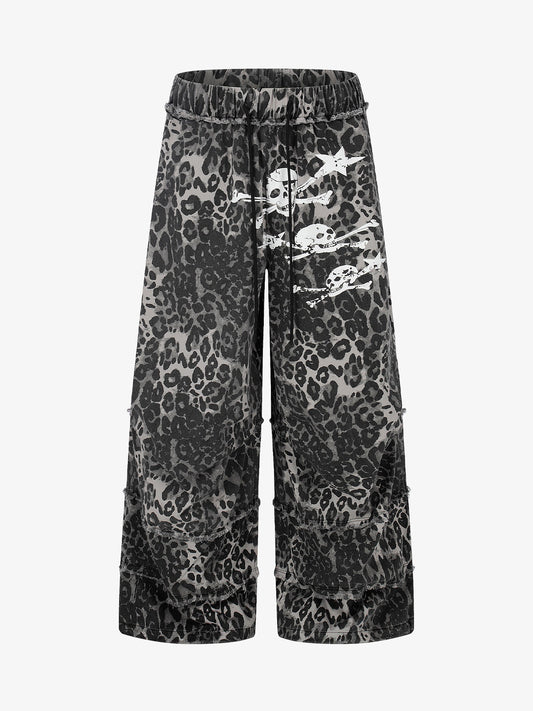Cropped-Hose mit Leopardenmuster – Weites Bein, Baumwollmischung mit offenem Saum