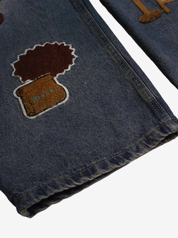 Retro Cartoon Graphic Heavy Embroidery Barrel Jeans - 2562 