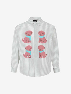 Striped Puppy Graphic Cotton Linen Shirt 