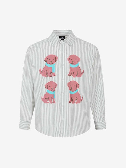 Striped Puppy Graphic Cotton Linen Shirt 
