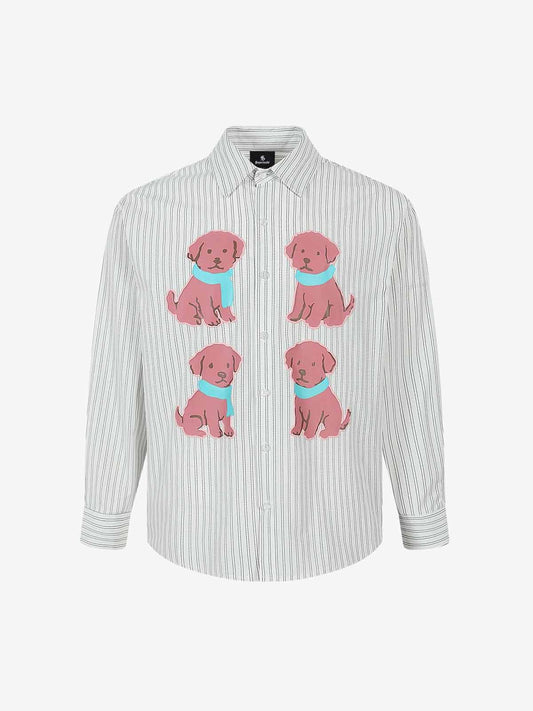 Striped Puppy Graphic Cotton Linen Shirt 