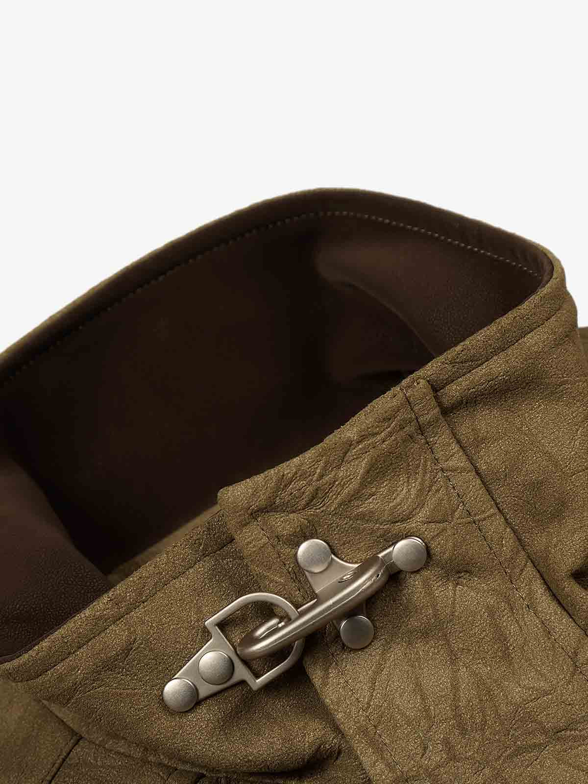 Textured Faux Leather Stand Collar Metal Buckle Jacket 