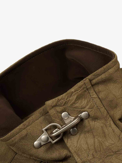 Textured Faux Leather Stand Collar Metal Buckle Jacket 