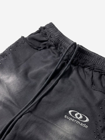 Washed Distressed Rhinestone Trim Sweatpants 