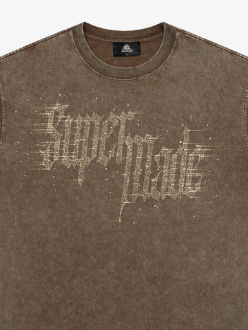 Washed Gothic Letter Imitation Diamond T-Shirt 