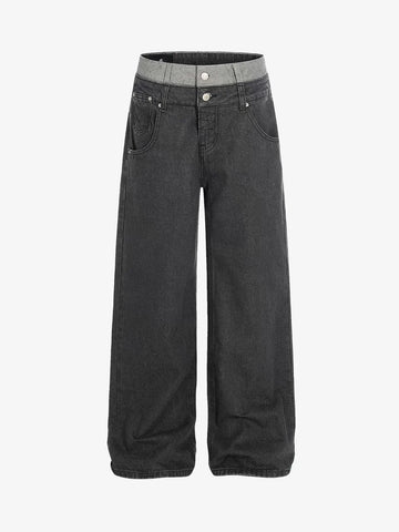Vintage Washed Layered Waist Wide Leg Denim Jeans 