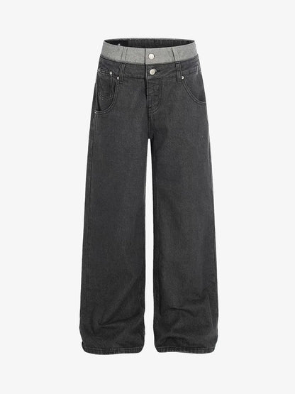 Vintage Washed Layered Waist Wide Leg Denim Jeans 
