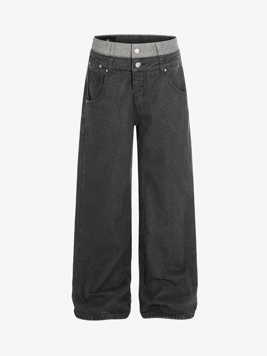 Vintage Washed Layered Waist Wide Leg Denim Jeans 