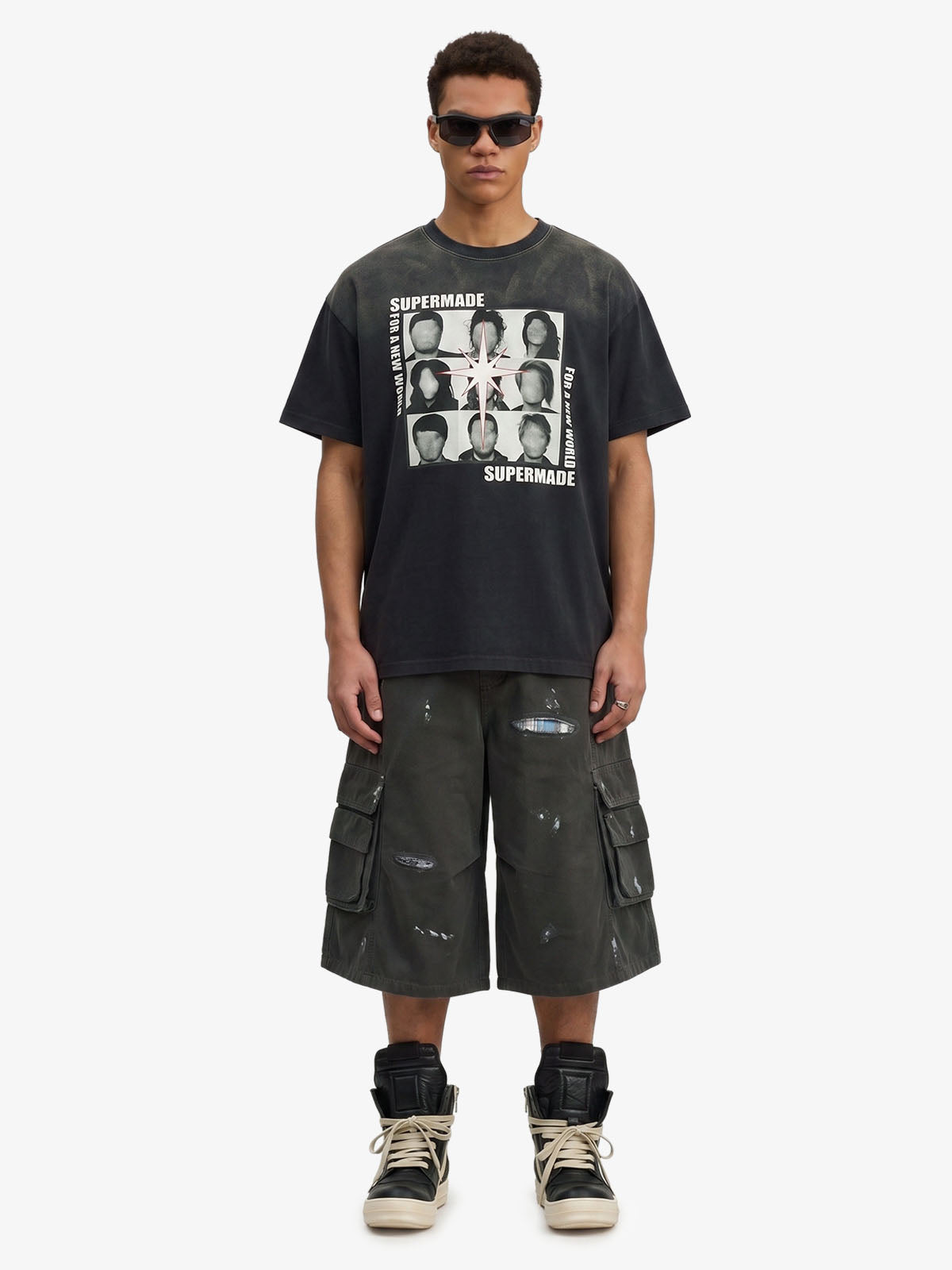 Vintage Distressed Multi Pocket Wide Leg Cargo Shorts 