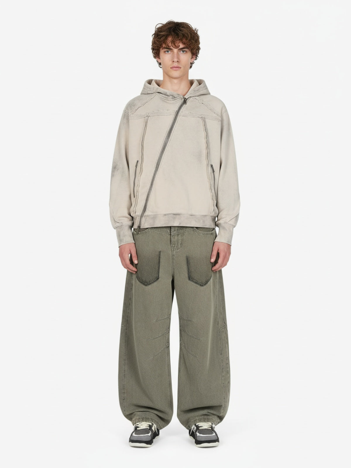 Retro Asymmetric Zip Up Deconstructed Hoodie 