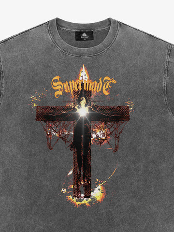 Washed Gothic Cross Graphic T-Shirt 