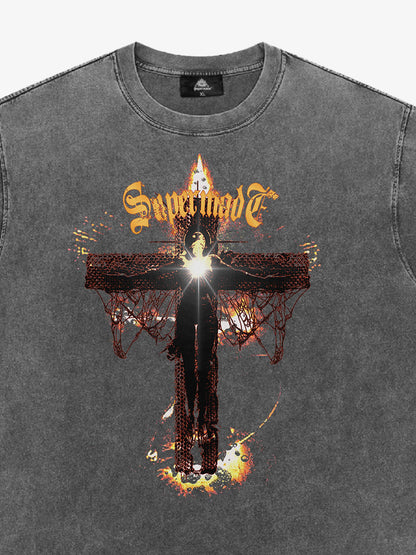 Washed Gothic Cross Graphic T-Shirt 