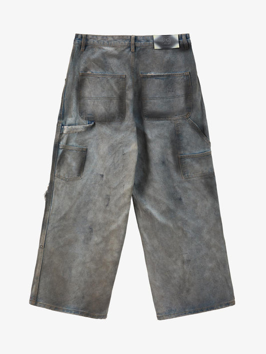 Distressed Washed Ripped Letter Patchwork Wide Leg Jeans 