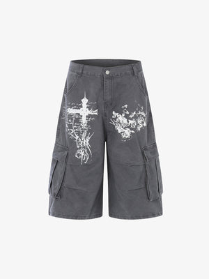Gothic Cross Graphic Cargo Shorts 
