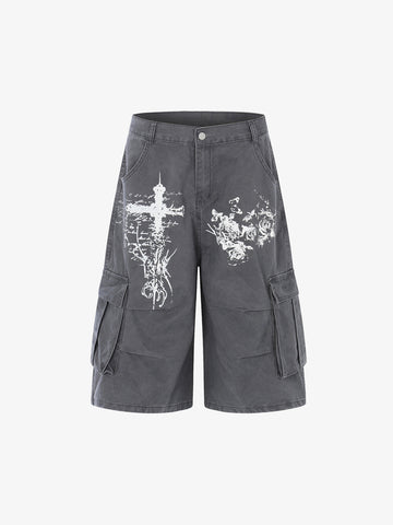 Gothic Cross Graphic Cargo Shorts 