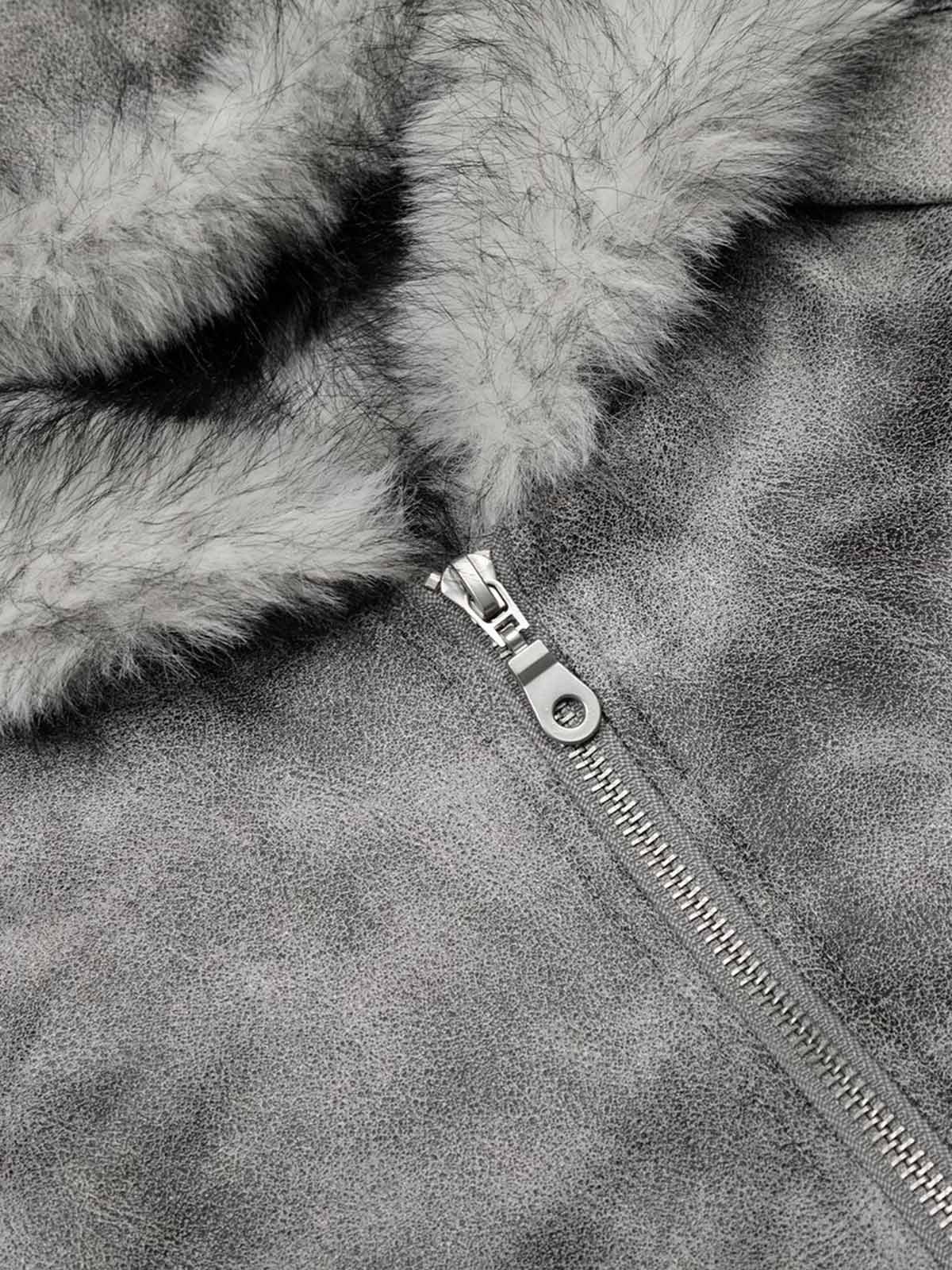Faux Suede Vintage Wash Fur Hood Padded Jacket - 2553 