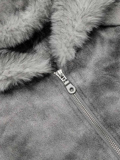 Faux Suede Vintage Wash Fur Hood Padded Jacket - 2553 