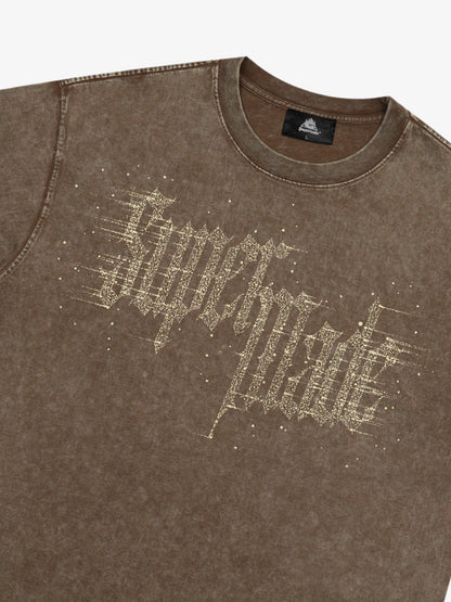 Washed Gothic Letter Imitation Diamond T-Shirt 
