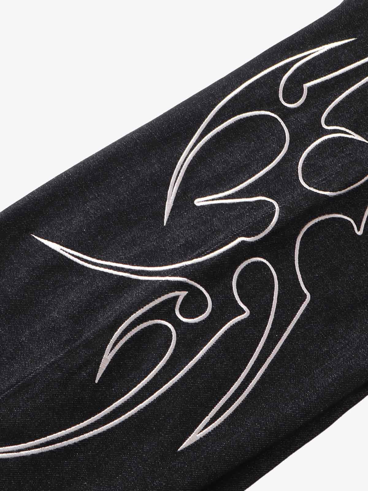 Flame Embroidered Wide Leg Washed Denim Jeans 