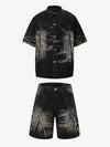 Washed Black Branch Print Deconstructed Denim Set 