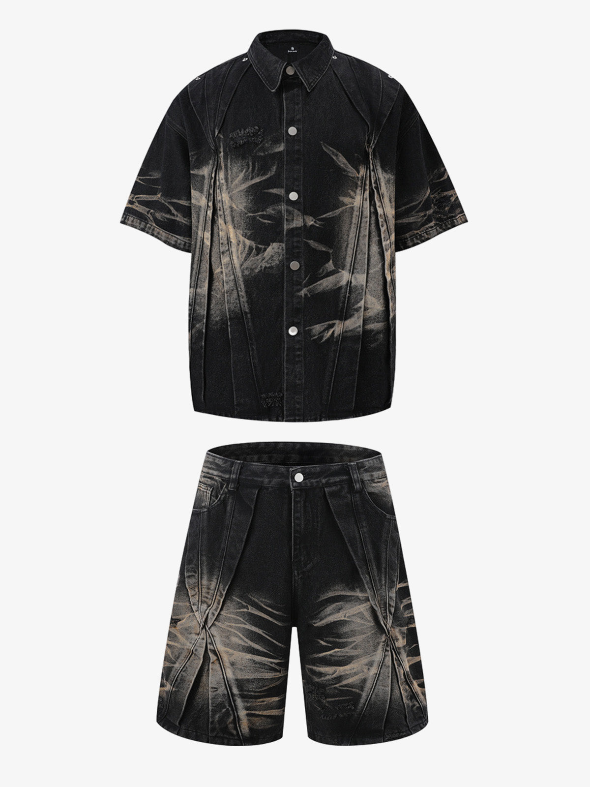 Washed Black Branch Print Deconstructed Denim Set 