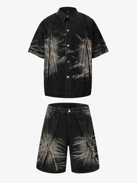 Washed Black Branch Print Deconstructed Denim Set 