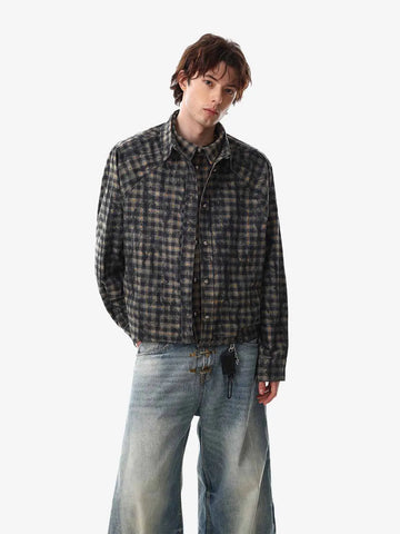 Vintage Washed Plaid Cropped Shirt Jacket 