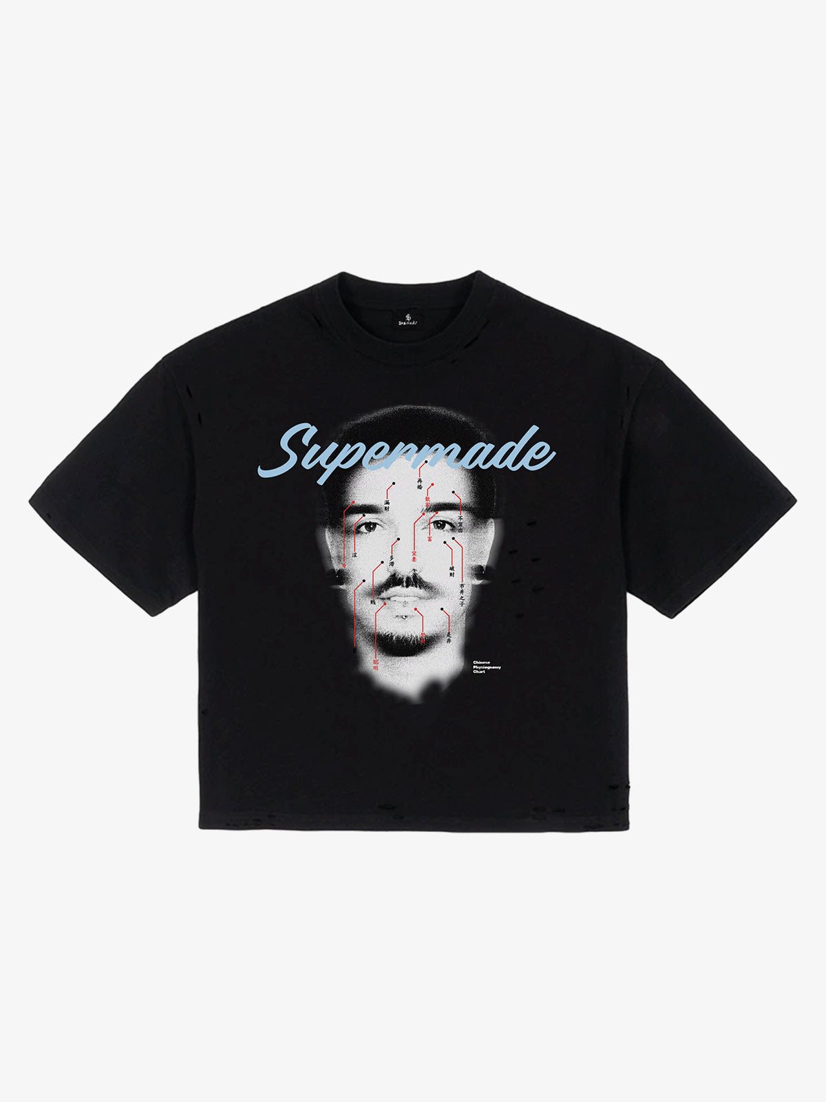 T-Shirt aus Baumwolle im Used-Look mit „Supermade“-Grafikdruck und Design mit Gesichtsakupunktur-Tabelle