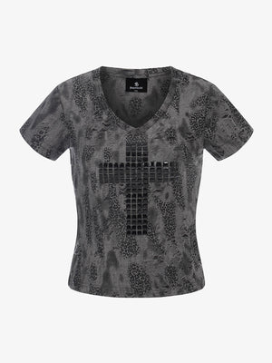 Glossy Cross Leopard Slim Fit Distressed T-Shirt 