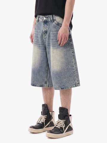 Rhinestone Distressed Denim Bermuda Shorts – Wide-Leg Cotton Streetwear Shorts