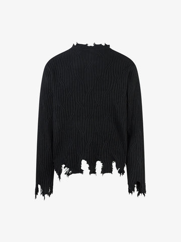 Knitted Distressed Diamond Pattern Raw Edge Sweater 
