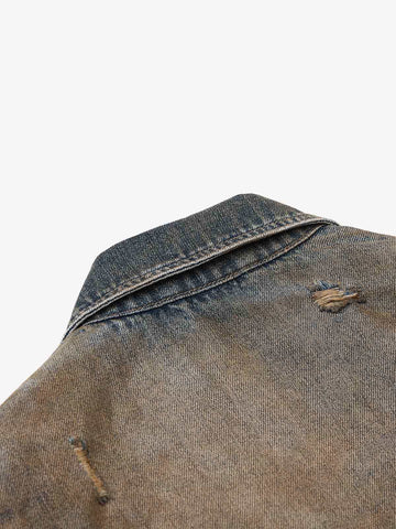 Vintage Washed Distressed Denim Zip Up Jacket 