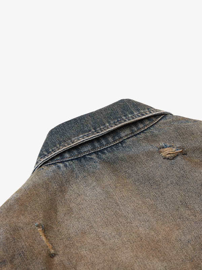 Vintage Washed Distressed Denim Zip Up Jacket 