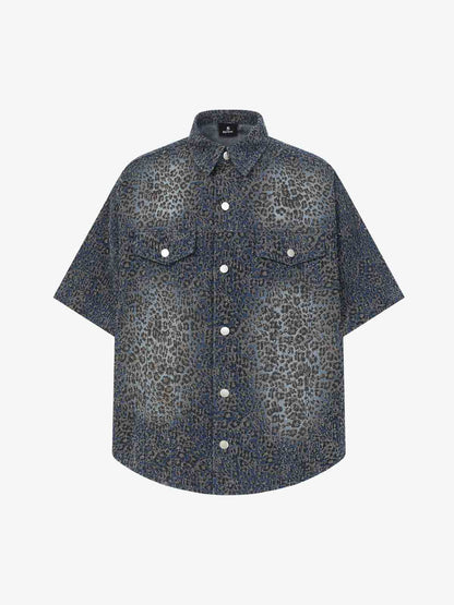Vintage Leopard Print Washed Denim Short Sleeve Shirt 