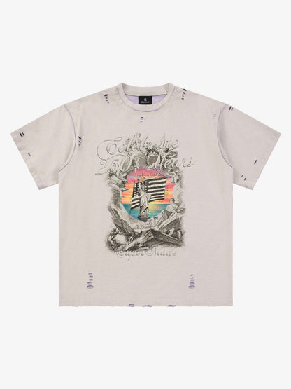 Statue of Liberty Graphic Distressed Reversible T-Shirt 