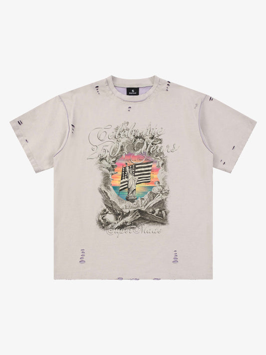 Wende-T-Shirt mit Freiheitsstatue-Motiv im Used-Look
