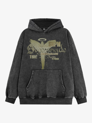 Vintage Washed Angel Halo Distressed Letter Graphic Hoodie 
