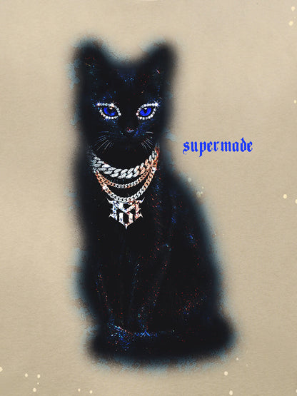 Cotton Black Cat Graphic T-Shirt with Chain Print and Splatter Design 