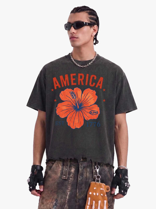 Acid-Wash-T-Shirt mit Rissen und Blumenmuster