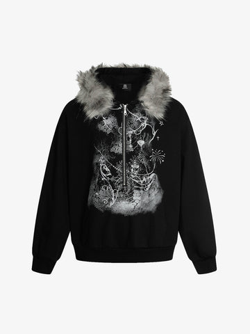 Detachable Fur Collar Printed Cardigan Half-Zip Hoodie 