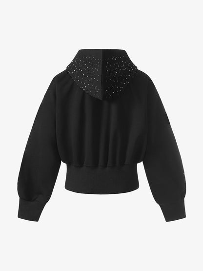 Rhinestone Sleeve Faux Fur Jacket – Black Oversized Cropped Hooded Streetwear