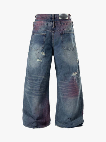 Double-Waist Distressed Wide-Leg Jeans 