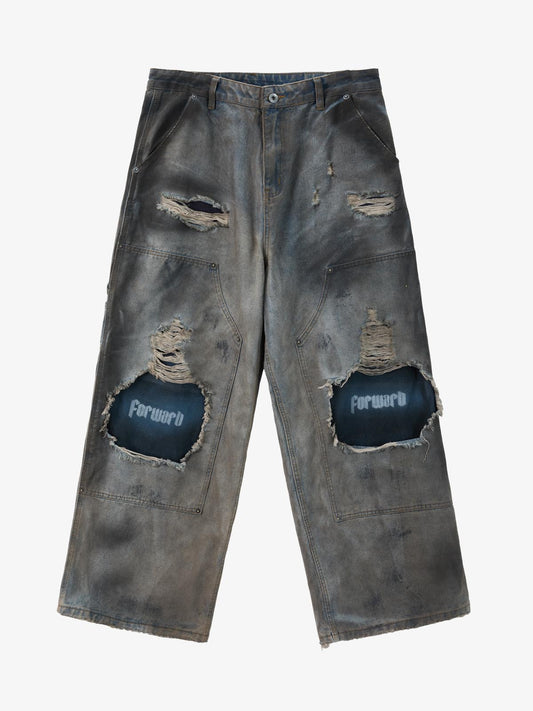Distressed Washed Ripped Letter Patchwork Wide Leg Jeans 