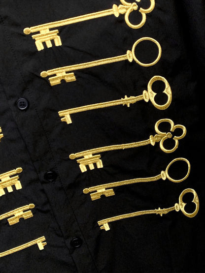 Black Cotton Button-Up Shirt with Gold Embroidered Key Motif – Classic Fit Top