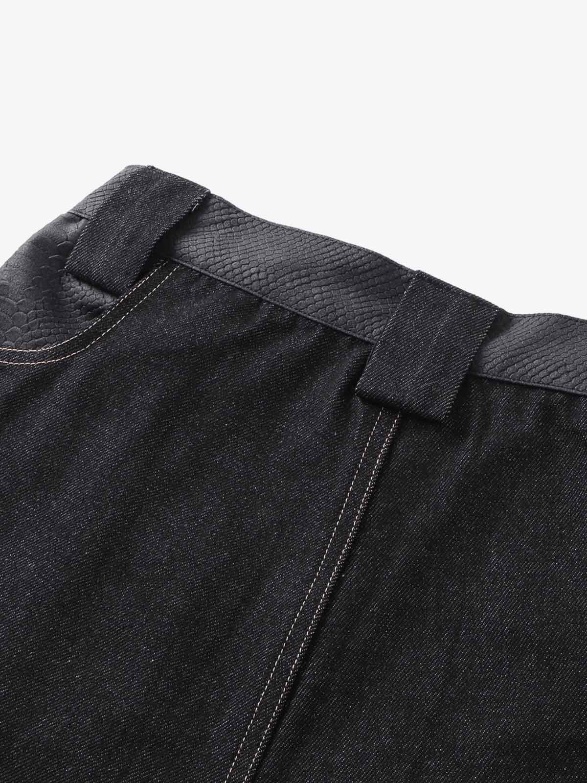 Flame Embroidered Wide Leg Washed Denim Jeans 