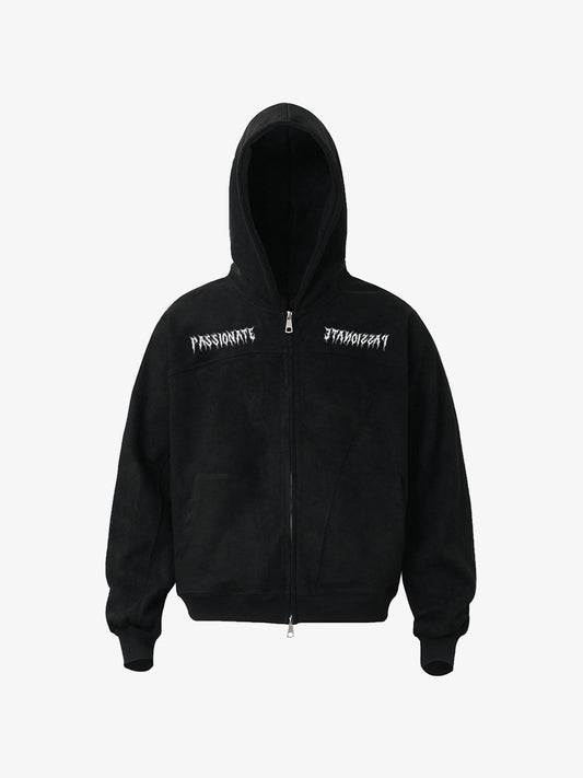 Vintage Suede Letter Embroidered Cropped Zip Up Hoodie 
