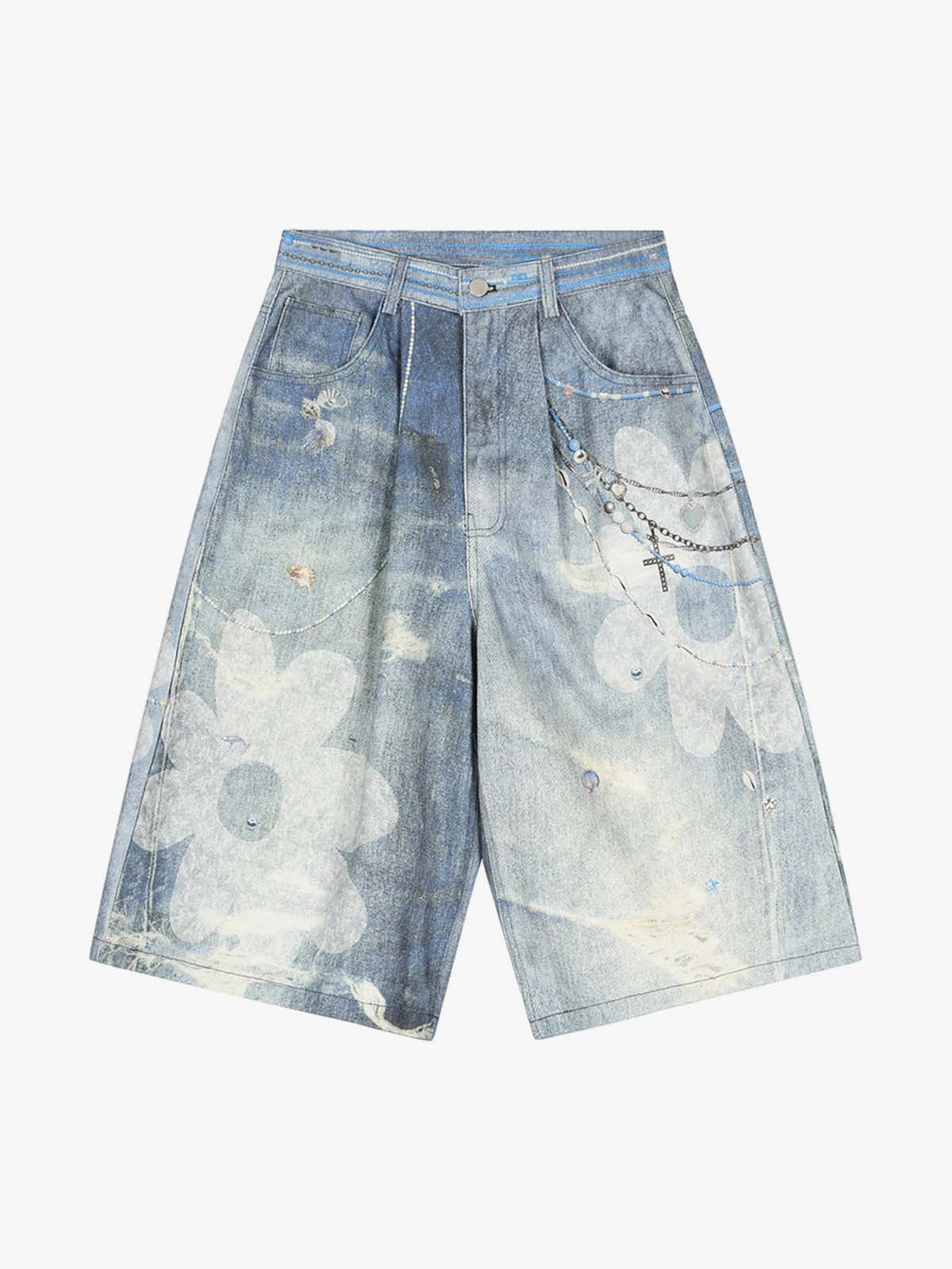 Distressed Dirty 3D Floral Denim Shorts 
